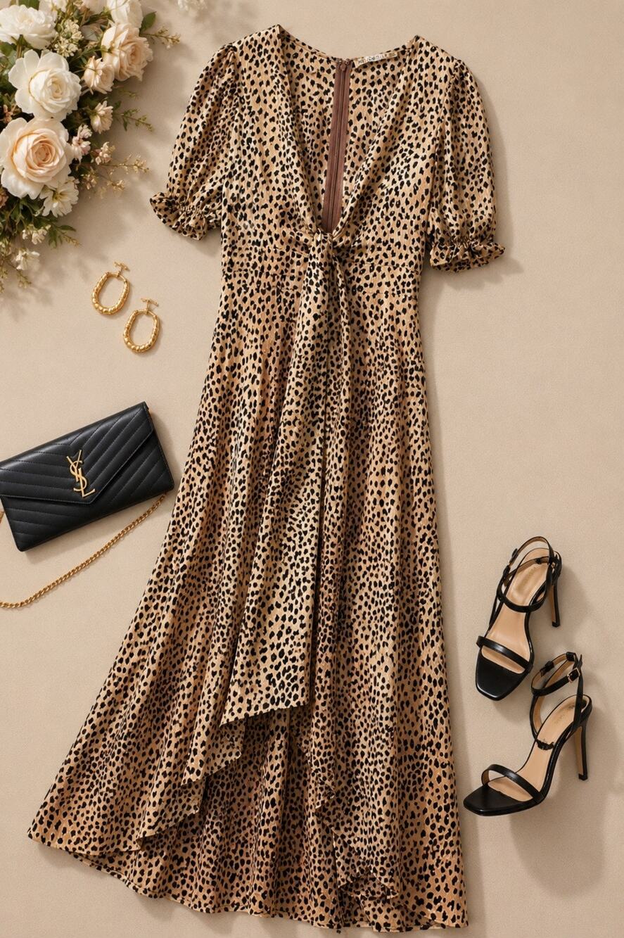 HELLO MOLLY Leopard Print Tie Front Maxi Dress Puff Sleeve Open Back XS